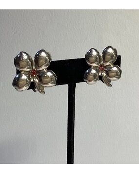 VTG Puffy Four Leaf Clover Sterling Silver 925  1” Screwback Earrings Pink CZ